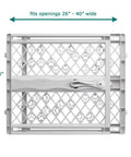 Slick Expandable Portable Pet Gate For Doorways features pressure mount installation, fits 26 to 40 inches wide, light gray.