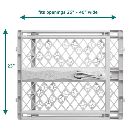 Slick Expandable Portable Pet Gate For Doorways features pressure mount installation, fits 26 to 40 inches wide, light gray.