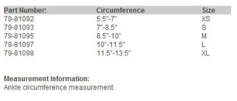 Size chart for Lace Up Ankle Support Brace with measurements for XS to XL, indicating ankle circumference for athletes.
