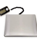 Heavy Duty Slick Digital Postal Scale With Crisp External Backlit Display Plug And Play Setup No Fuss Calibration High Precision Sensor Waterproof Stainless Platform For Shipping Parcels Up To Four Hundred Forty Pounds showing a stainless steel plate with a digital display.