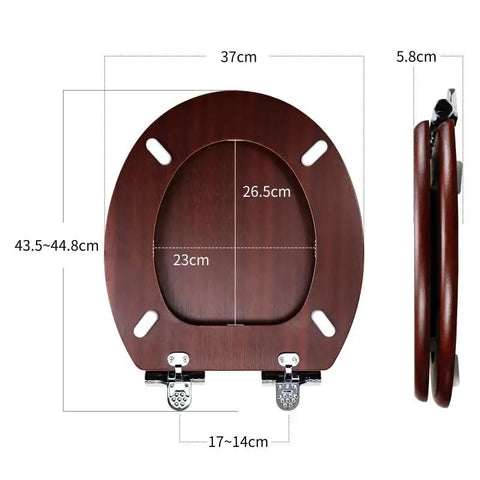 Standard 17 Inch White Toilet Seat Slow Close Soft Drop Lid High Density Board Core Easy Wipe Finish Quick Mount dimensions and design layout.