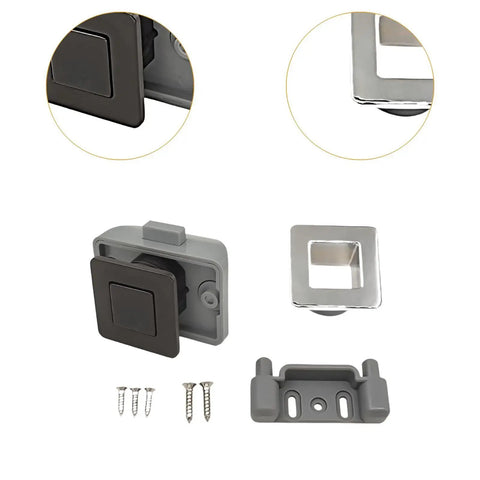 Push Button Latch Lock For 15mm Thick Door Panels Black Heavy Duty Push Lock Cabinet Latch with components and screws.