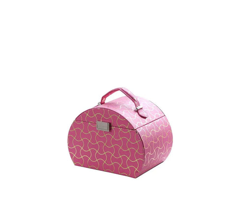 Eight Point Eight Inch Hot Pink Travel Jewelry Organizer Case With Built In Mirror And Snug Pockets, round design.