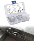 R Type Cotter Pin Kit with 100 pcs galvanized carbon steel pins in organized case, detail of pin in use on metal machinery