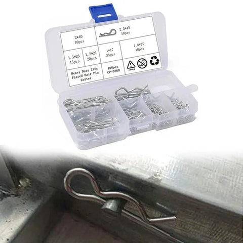 R Type Cotter Pin Kit with 100 pcs galvanized carbon steel pins in organized case, detail of pin in use on metal machinery