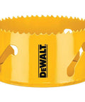 DEWALT 4-inch hole saw, yellow metal body with serrated edge.