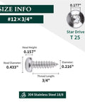 Number 12 By Three Quarter Inch Pan Head Torx Self Tapping Screws Made From 304 Stainless Steel size and dimensions details.