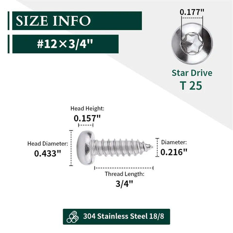 Number 12 By Three Quarter Inch Pan Head Torx Self Tapping Screws Made From 304 Stainless Steel size and dimensions details.