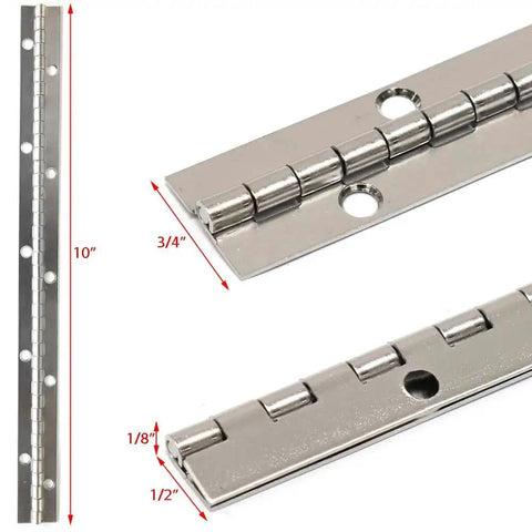 Premium Marine Boat Piano Hinge 10 Inch By 3/4 Inch With 20 Gauge 304 Stainless Steel, showing side view and hole details.