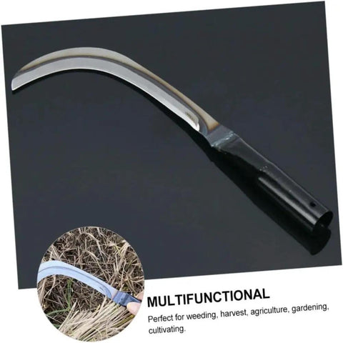 Two Pack Steel Willow Leaf Sickles Heavy Duty Garden And Farm Tools For Harvesting And Weeding Arc Blade With Anti Slip Wooden Handle Forged Stainless Steel For Long Lasting Sharpness And Easy Cut Power displayed on dark background.