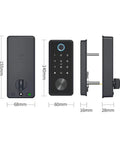 Slick Matte Black Smart Deadbolt Featuring Crisp Bluetooth App Control And Hella Sturdy Zinc Alloy Cast, showing dimensions and keypad.