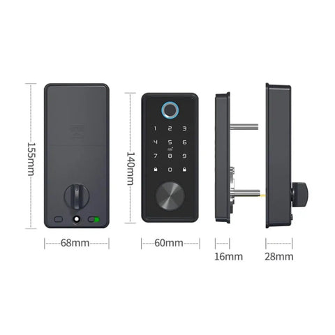 Slick Matte Black Smart Deadbolt Featuring Crisp Bluetooth App Control And Hella Sturdy Zinc Alloy Cast, showing dimensions and keypad.