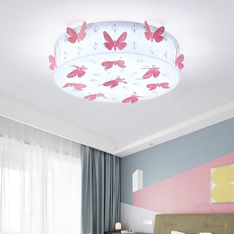 LED Kids Flush Mount Ceiling Light With Pink Butterfly Deco Crystal Drum Chandelier For Girls Bedroom mounted on ceiling