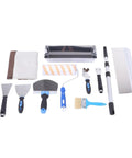 Kickass Drywall Finishing Kit With No Sweat Paint Roller, Stainless Steel Scraper And J Trowel, Flexible Putty Brush, Heavy Duty Mud Pan Plus Telescoping Extension Pole For Smooth Interior Walls includes various essential tools.