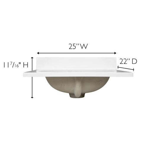 25 Inch Cultured Marble Vanity Top With Integrated Oval Sink And Backsplash White Pre Drilled For Three Faucet Holes Front View