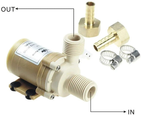 12V Solar Hot Water Circulation Pump With UL Listed DC Power Adapter ultra quiet brushless motor, non self-priming, brass coupler