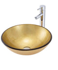 Bathroom Vessel Sink,Tempered Glass Sink Yellow Round Wash Basin Bowl with chrome faucet, 42x42x14.5cm design.
