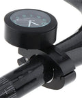 Premium Billet Aluminum Motorcycle Clock with Easy Handlebar Mount attached to a black carbon bike handlebar, showcasing secure stainless steel clamp.