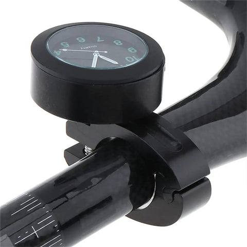 Premium Billet Aluminum Motorcycle Clock with Easy Handlebar Mount attached to a black carbon bike handlebar, showcasing secure stainless steel clamp.