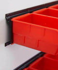 Close-up view of Wall Mounted Storage Bins Set With 12 Plastic Bins And 3 Rails For Garage Tools Hanging Organizer in use.