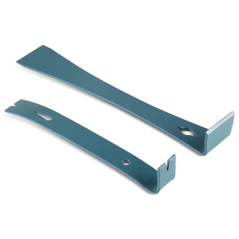 Two Piece Flat Pry Bar Set With 7 1/4 Inch And 9 1/4 Inch Teardrop Nail Pullers, Pro Grade High Carbon Steel, Gray Finish displayed