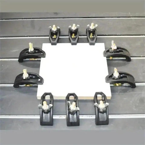 Six Pack CNC Arcuate Press Plate Clamps T Slot Hold Down Fixture for secure workholding on milling machine.