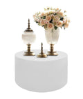 Heavy Duty 220 LB Capacity 20 Inch Round Mannequin Display Pedestal Stand In White with decorative vases and flowers.