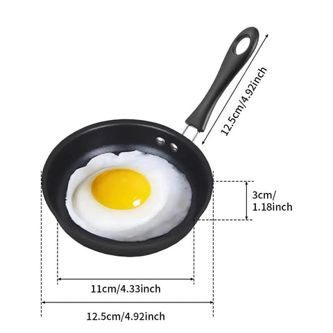 4.7 Inch Mini Nonstick Egg Pan For One Egg Frying Perfect Omelets And Pancakes On The Go Portable Camp Kitchen Pan For Gas And Induction Stoves With Ergonomic Handle Black with dimensions shown, frying an egg