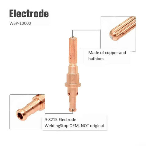 Electrode from Super Cool 21 Piece Plasma Cutter Consumable Kit, 9-8215, made of copper and hafnium for WSP 80A machines.