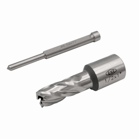 EST HSS M2AL annular cutter with 1 in DOC and 3/4 in Weldon shank for magnetic drill press; two-piece set.