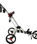 Slick Foldable Golf Pushcart Hella Stable White 3 Wheel Cart With Sweet Adjustable Handle, showing a side view with ergonomic grip.