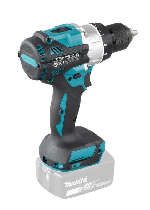Top Shelf 18V Brushless Cordless Combi Drill Featuring Hammer Drilling 13Mm Chuck Two Speed Control And 21 Torque Settings side view with 18V battery.