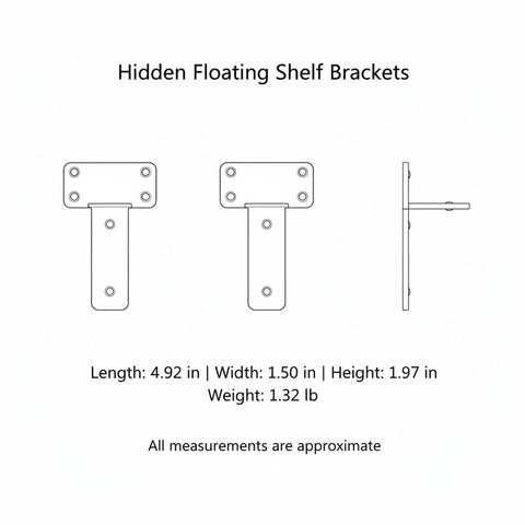 Diagram of invisible shelf brackets for floating shelves in black steel hidden support system no visible hardware 1.2-1.5 inch size