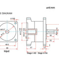 3:1 planetary gearbox, Nema 34 frame, 1/2 in input shaft; size diagram with mounting holes and shaft dims.