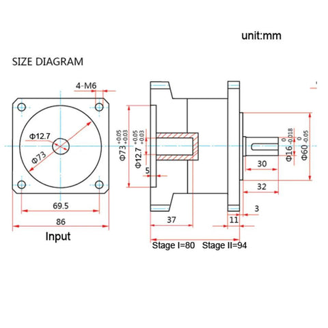 3:1 planetary gearbox, Nema 34 frame, 1/2 in input shaft; size diagram with mounting holes and shaft dims.
