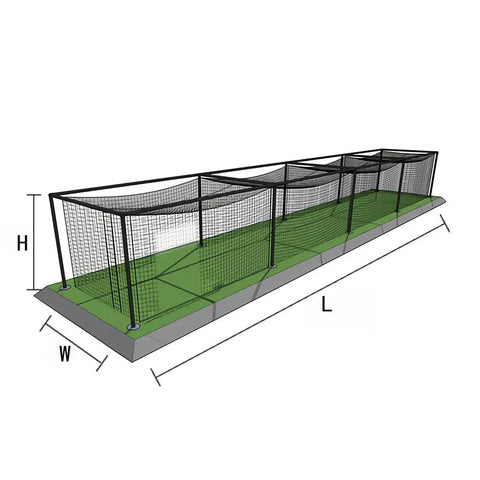 Illustration of a 10x10x45 ft baseball softball batting cage netting, UV-resistant nylon, for backyard and garage practice. Net only, no frame included.