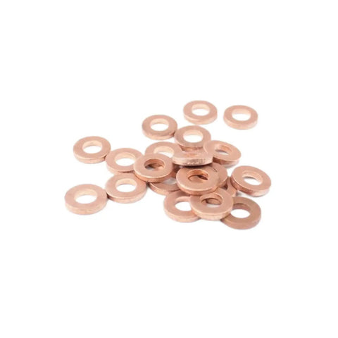 Flat Copper Washers Set 50 Pieces 7 By 15mm For Diesel Engines Must Have DIY Repair Kit With Pump Maintenance Tools And Replacement Parts For Quick Pro Grade Sealing. 50 copper washers on white