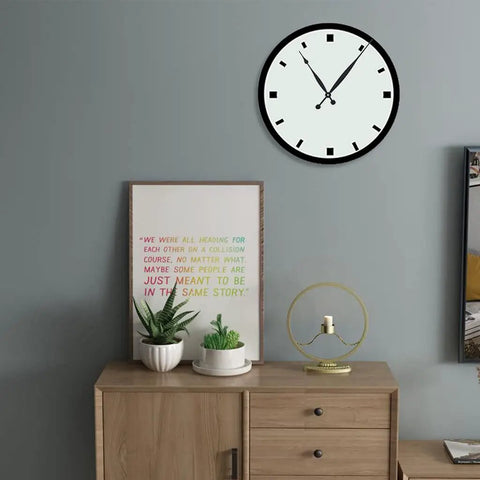 Room setting with wall clock using High Torque Silent DIY Wall Clock Movement Kit With Two Quartz Movements, sleek black design.