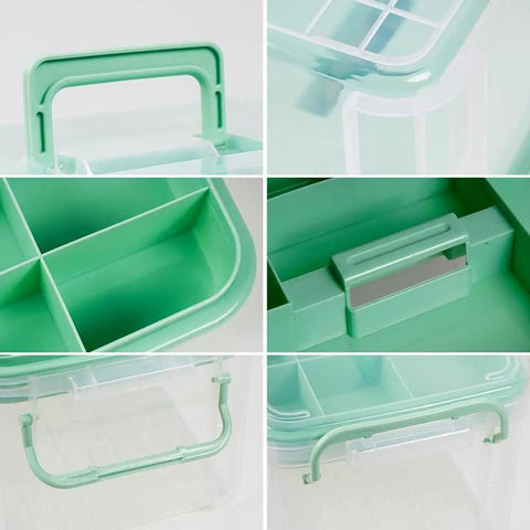 Close-up views of a 15 Qt Clear Medicine Organizer With Tray And Lids Thickened Plastic First Aid Box, showing compartments and handle.
