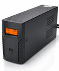 Rock Solid 1500VA 800W UPS Battery Backup And Surge Protector With Six AC Outlets And LCD Display, black, angled view with LCD screen.