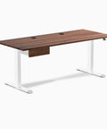 Heavy Dual Motor Electric Standing Desk With Solid Hardwood Natural Walnut Top And Slick Underdesk Storage Drawer Level Up Your Home Office Game Smooth Ergonomic Workstation White Base angled view showing walnut top and white legs.