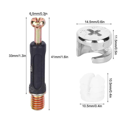 No Sweat Cam Lock Nuts And Connecting Screws With Eccentric Wheels For Furniture Assembly A Rock Solid 300 Piece Kit, 3 hardware components shown.