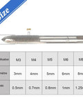 Diagram showing one tap from Six Piece Adjustable T Handle Tap Wrench Set with details of metric tap sizes M3 M4 M5 M6 M8.