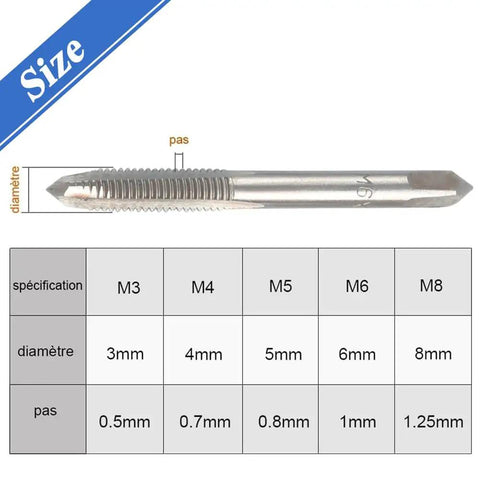 Diagram showing one tap from Six Piece Adjustable T Handle Tap Wrench Set with details of metric tap sizes M3 M4 M5 M6 M8.