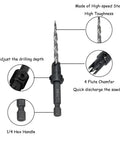 Countersink Drill Bit Set Eleven Sixty Fourth Inch Five Piece With Two Extra Tapered Bits Stop Collar And Hex Wrench For Woodworking Handy For Hand And Electric Drills DIY Ready Great For Wood MDF Plywood And Plastic showing high-speed steel construction and features.