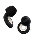 Close-up of Experience Plus High Fidelity Earplugs For Musicians, DJs And Nightlife, black silicone, shown in two angles.