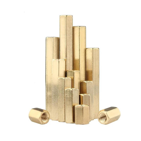 Front view: brass standoffs with nuts; M6 x 20mm hollow PCB spacers, 5-piece set.