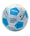 Create Your Own Thumball 6 Inch Blue With Marker Includes 30 Blank Panels For Custom Ice Breakers And Learning Reinforcement Tools Perfect For Class Team Building And Quick Conversational Prompts. Blue 6-inch Thumball with handwritten prompts