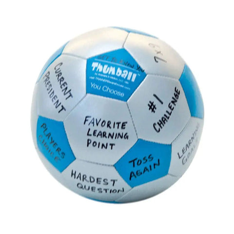 Create Your Own Thumball 6 Inch Blue With Marker Includes 30 Blank Panels For Custom Ice Breakers And Learning Reinforcement Tools Perfect For Class Team Building And Quick Conversational Prompts. Blue 6-inch Thumball with handwritten prompts