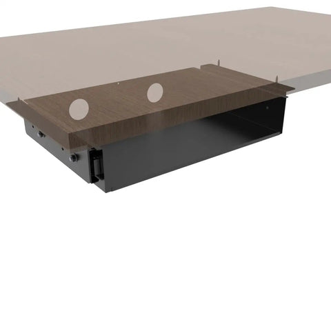 Level Up Your Desk Space With This Smooth Glide Under Desk Storage Shelf Featuring Built In Cable Management Tray, brown and black organizer.